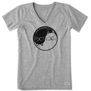 Women's Cat Yin and Yang Short Sleeve Crusher Vee Life is Good
