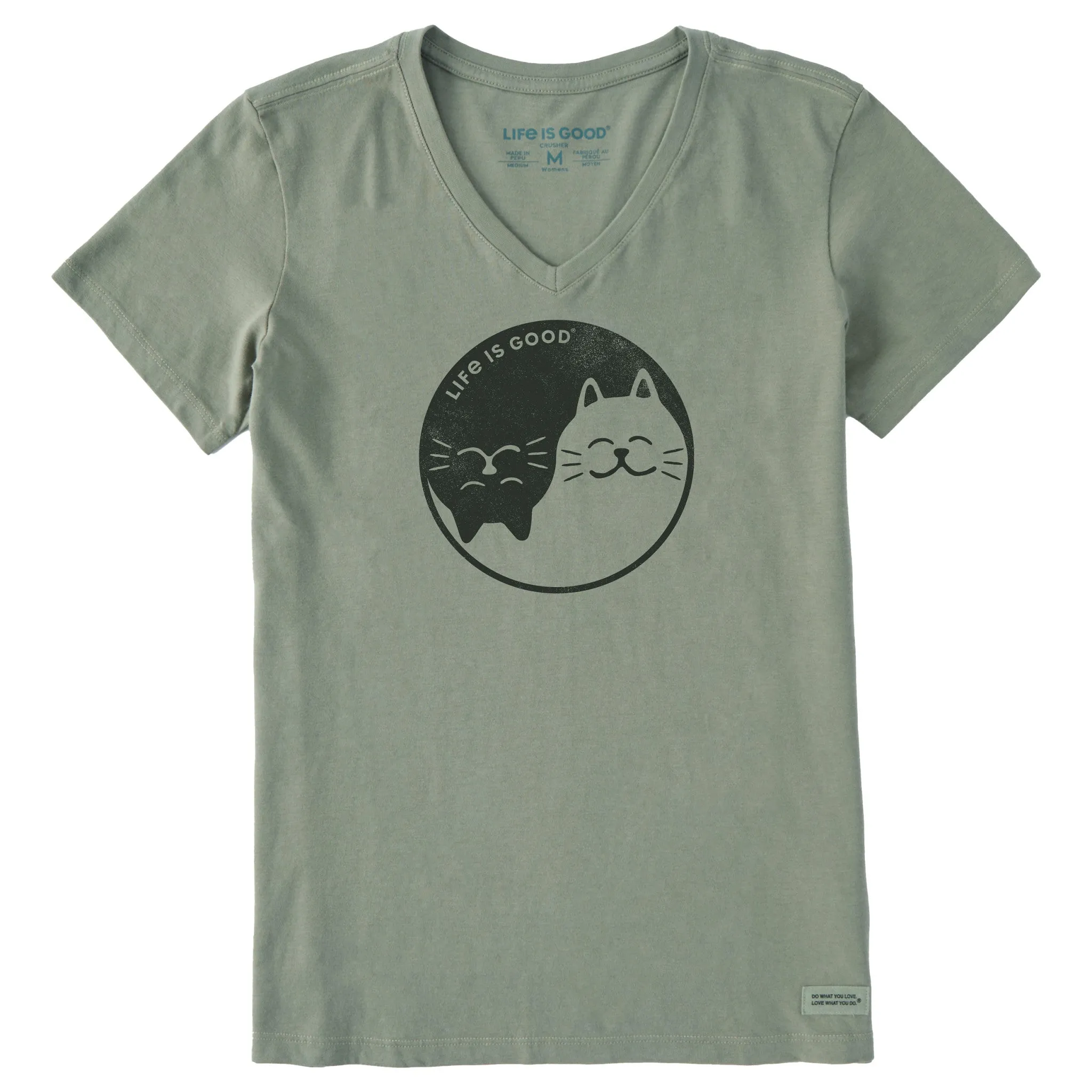 Women's Cat Yin and Yang Short Sleeve Crusher Vee Life is Good