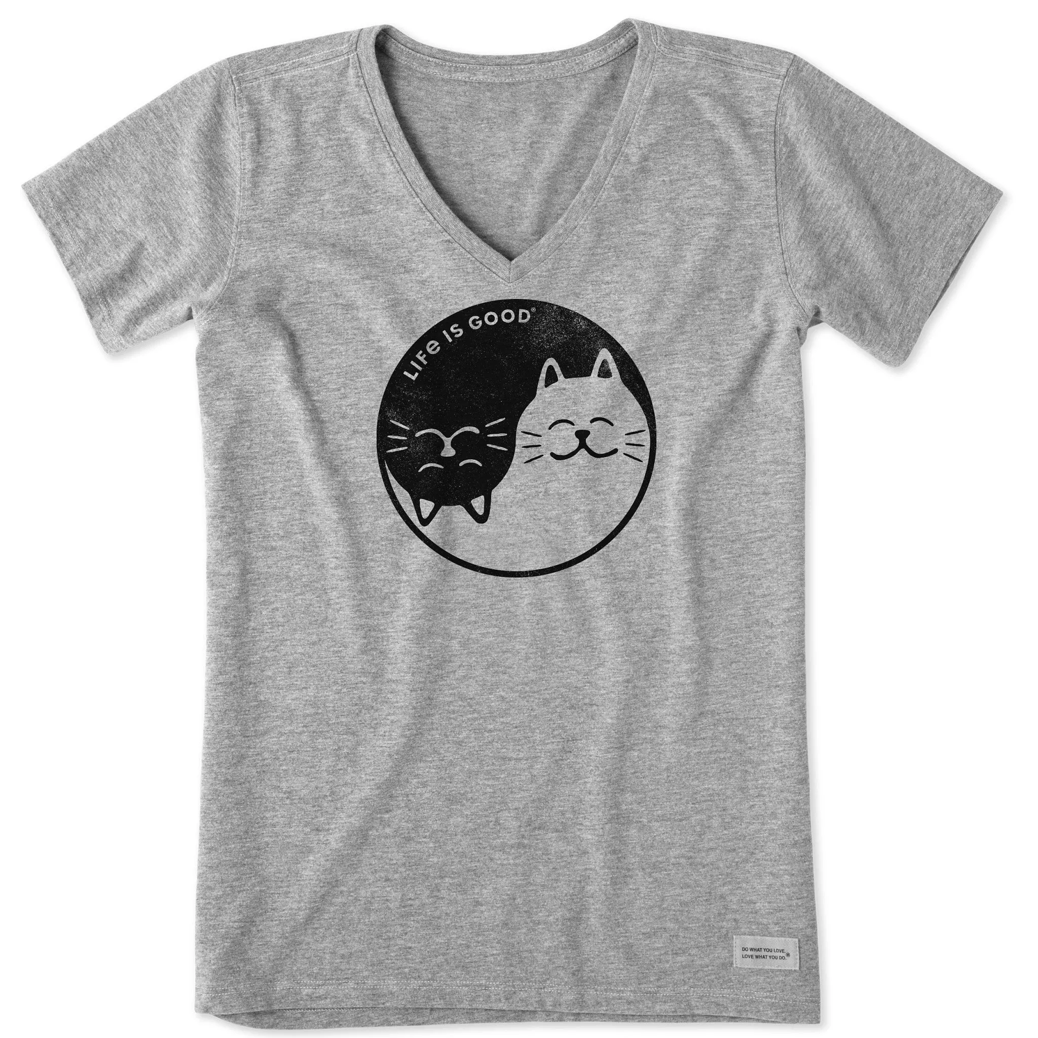 Women's Cat Yin and Yang Short Sleeve Crusher Vee Life is Good