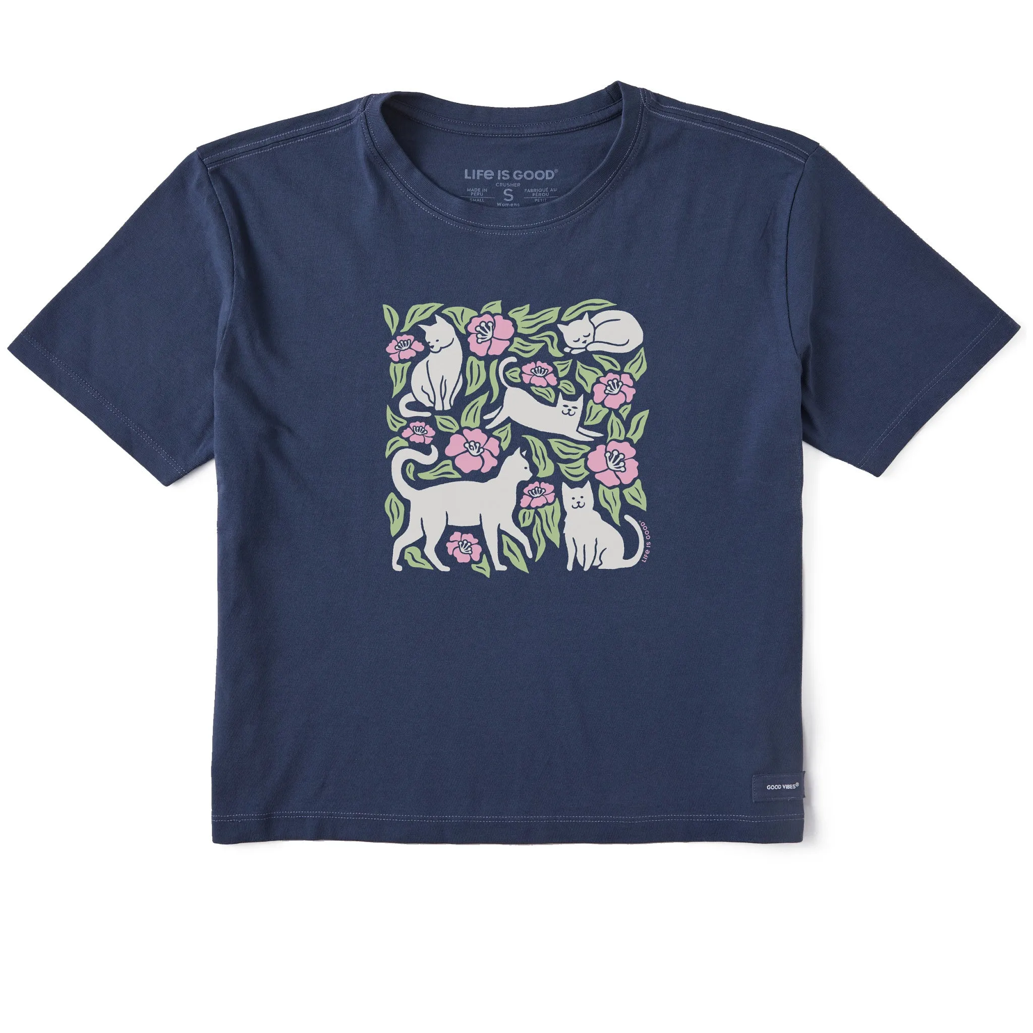 Women's Cats Among Flowers Short Sleeve Crusher Boxy Tee Life is Good