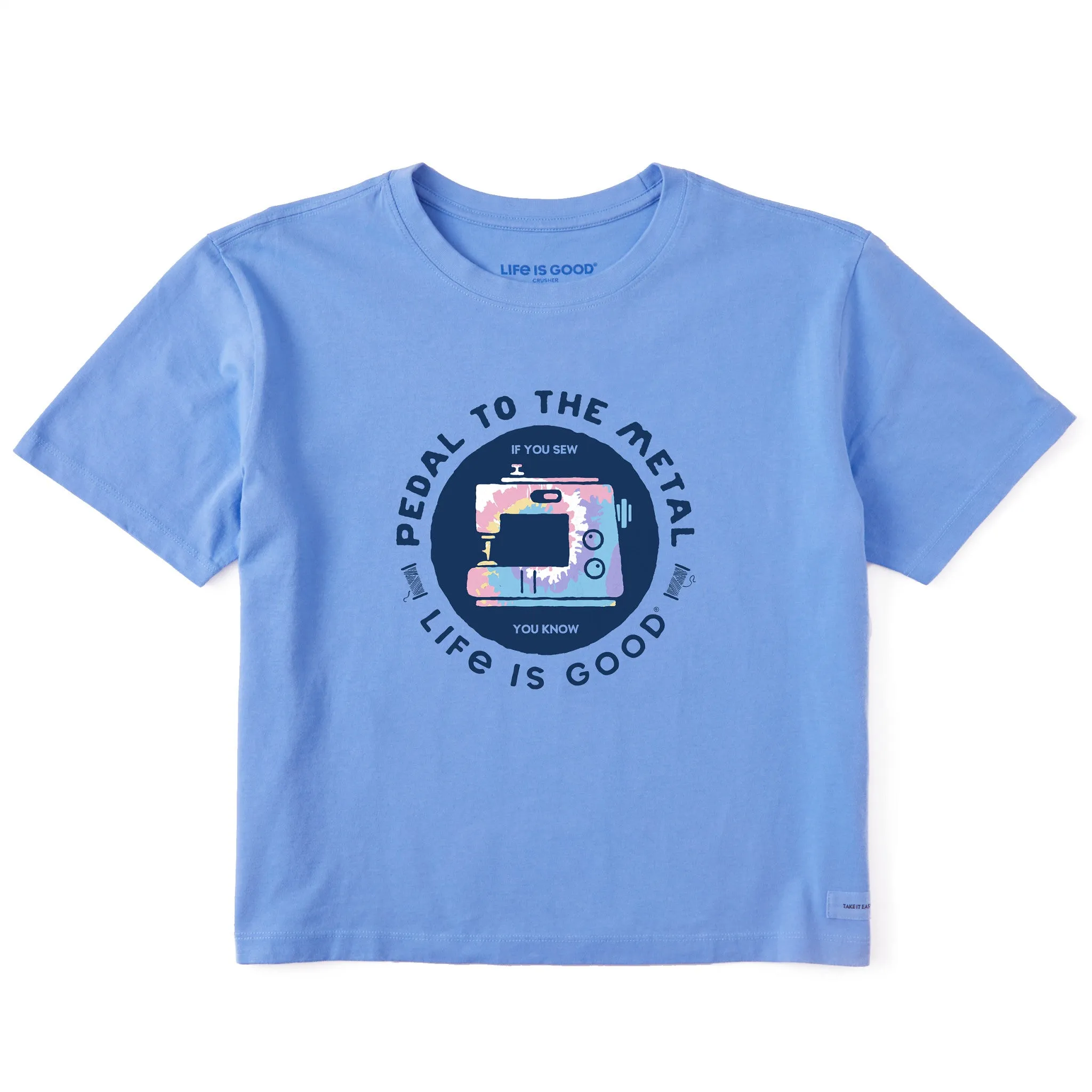 Women's Clean Pedal to the Metal Sewing Tie Dye Short Sleeve Crusher Boxy Tee Life is Good