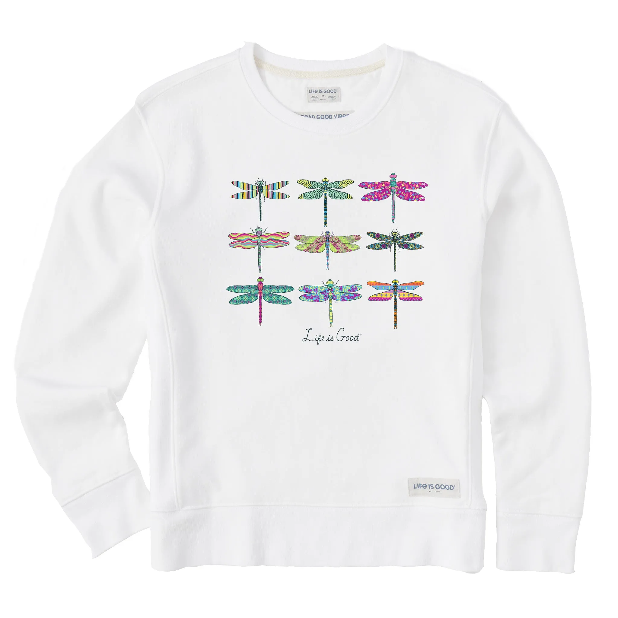 Women's Colorful Dragonflies Simply True Fleece Crew Life is Good