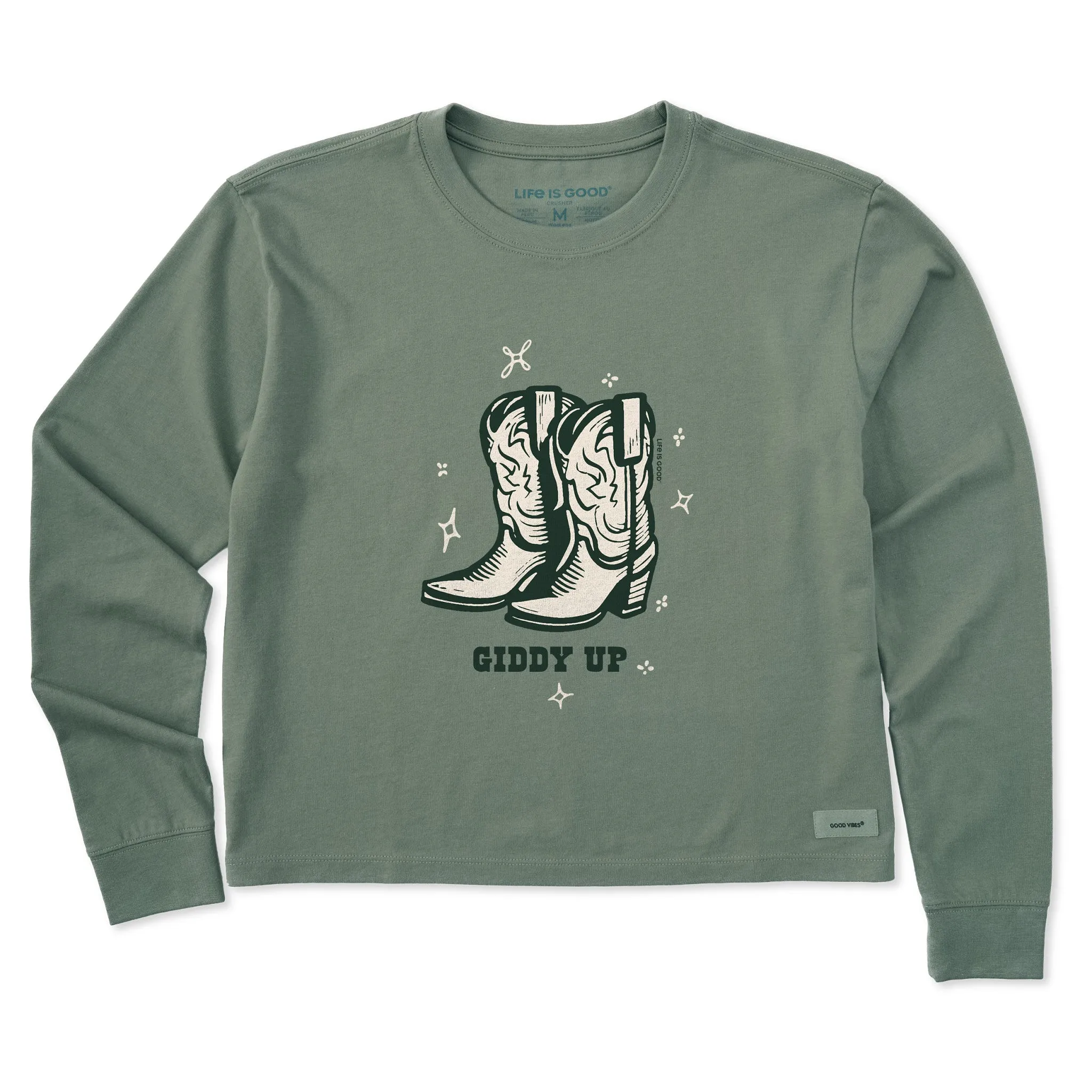 Women's Cowboy Boots Giddy Up Long Sleeve Crusher Boxy Tee Life is Good