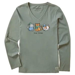 Women's Cozy Vibes Kittens Long Sleeve Crusher Vee Life is Good