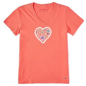 Women's Cute Flower Heart Short Sleeve Crusher-LITE Vee Life is Good
