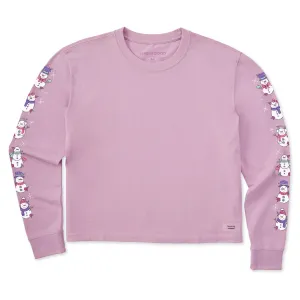 Women's Cute Snowmen Long Sleeve Crusher Boxy Tee Life is Good