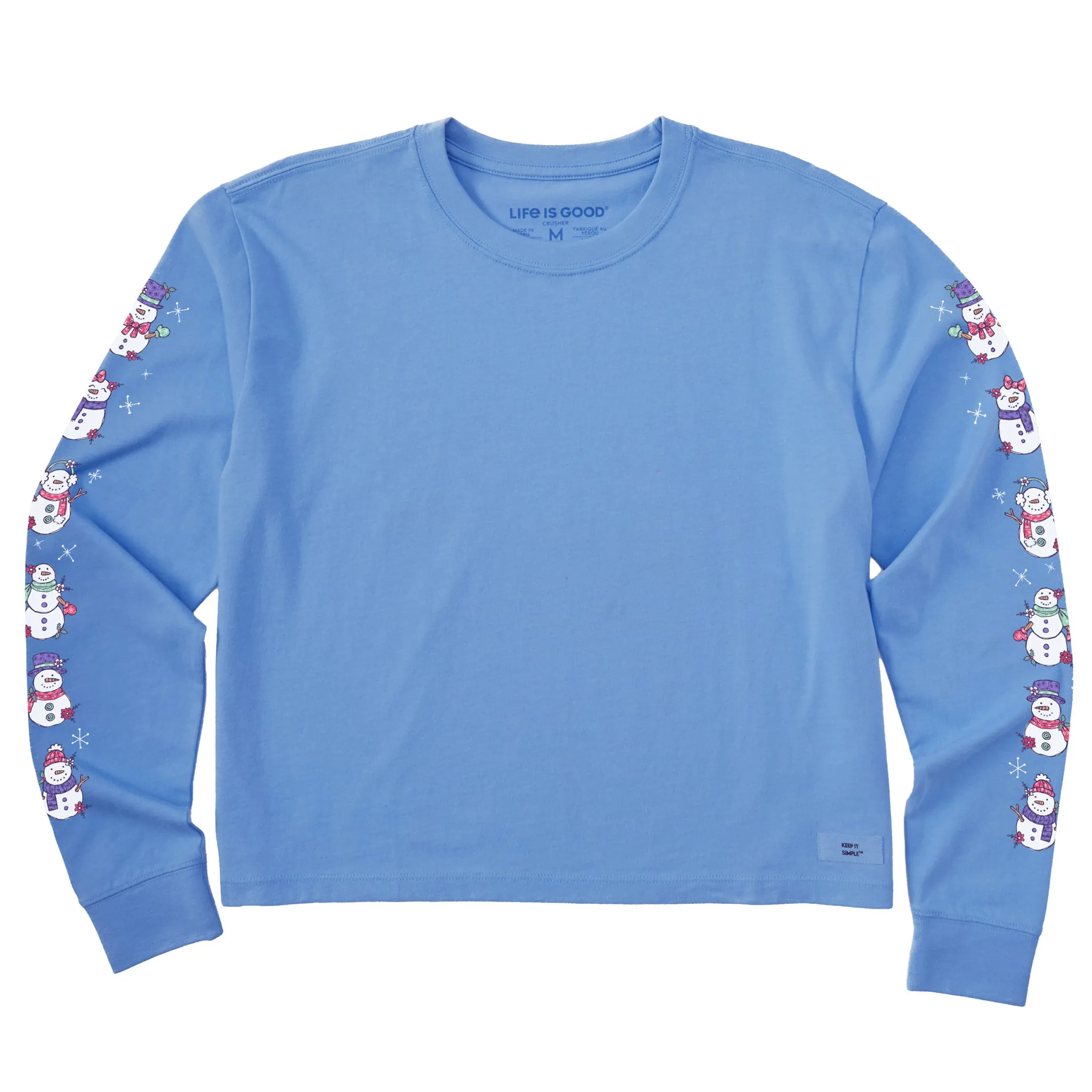 Women's Cute Snowmen Long Sleeve Crusher Boxy Tee Life is Good