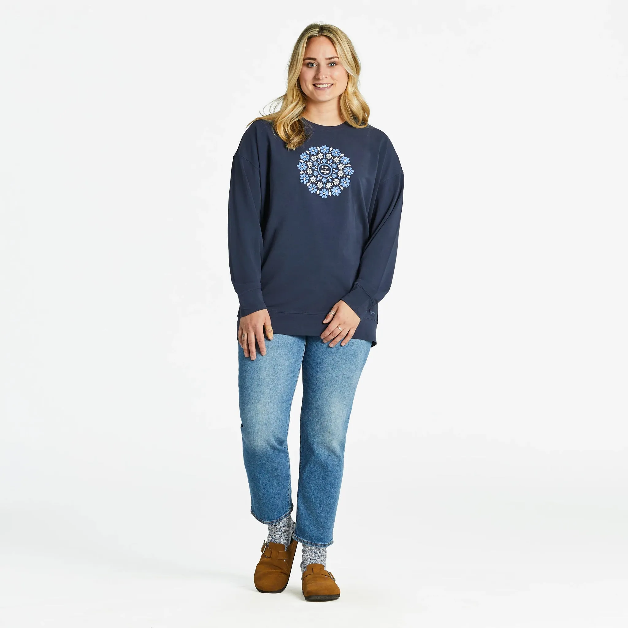 Women's Daisies Mandala Crusher-FLEX Oversized Crew Life is Good