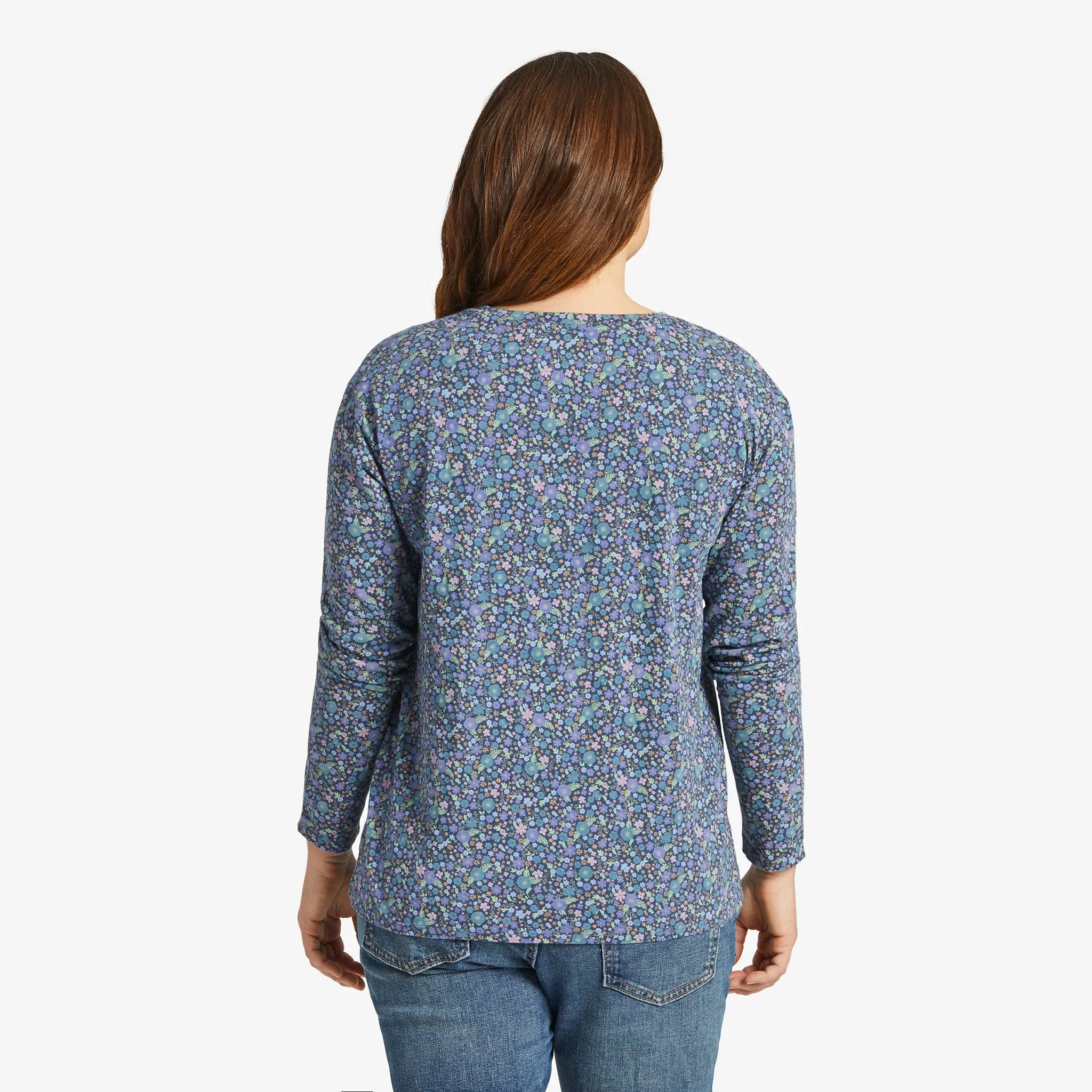 Women's Ditsy Floral Pattern Long-Sleeve Crusher-LITE Easy Vee Life is Good