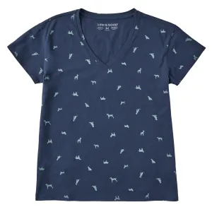 Women's Dog Ditsy Pattern Allover Print Short Sleeve Vee Life is Good