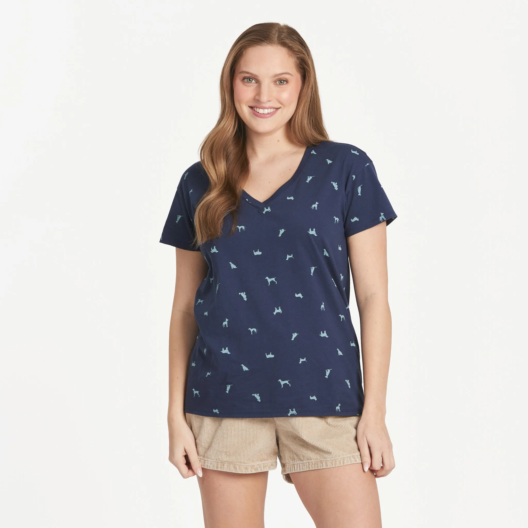 Women's Dog Ditsy Pattern Allover Print Short Sleeve Vee Life is Good