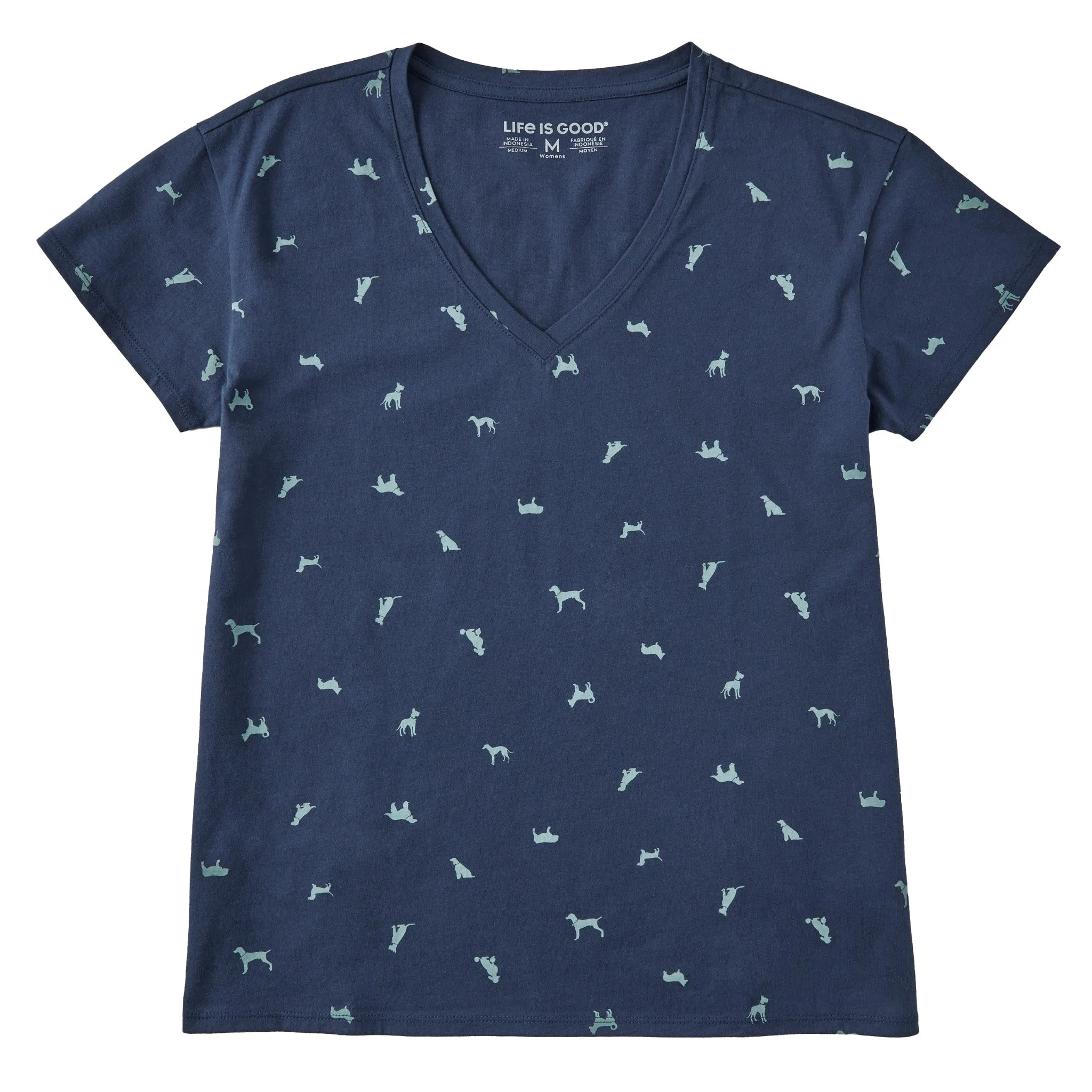 Women's Dog Ditsy Pattern Allover Print Short Sleeve Vee Life is Good