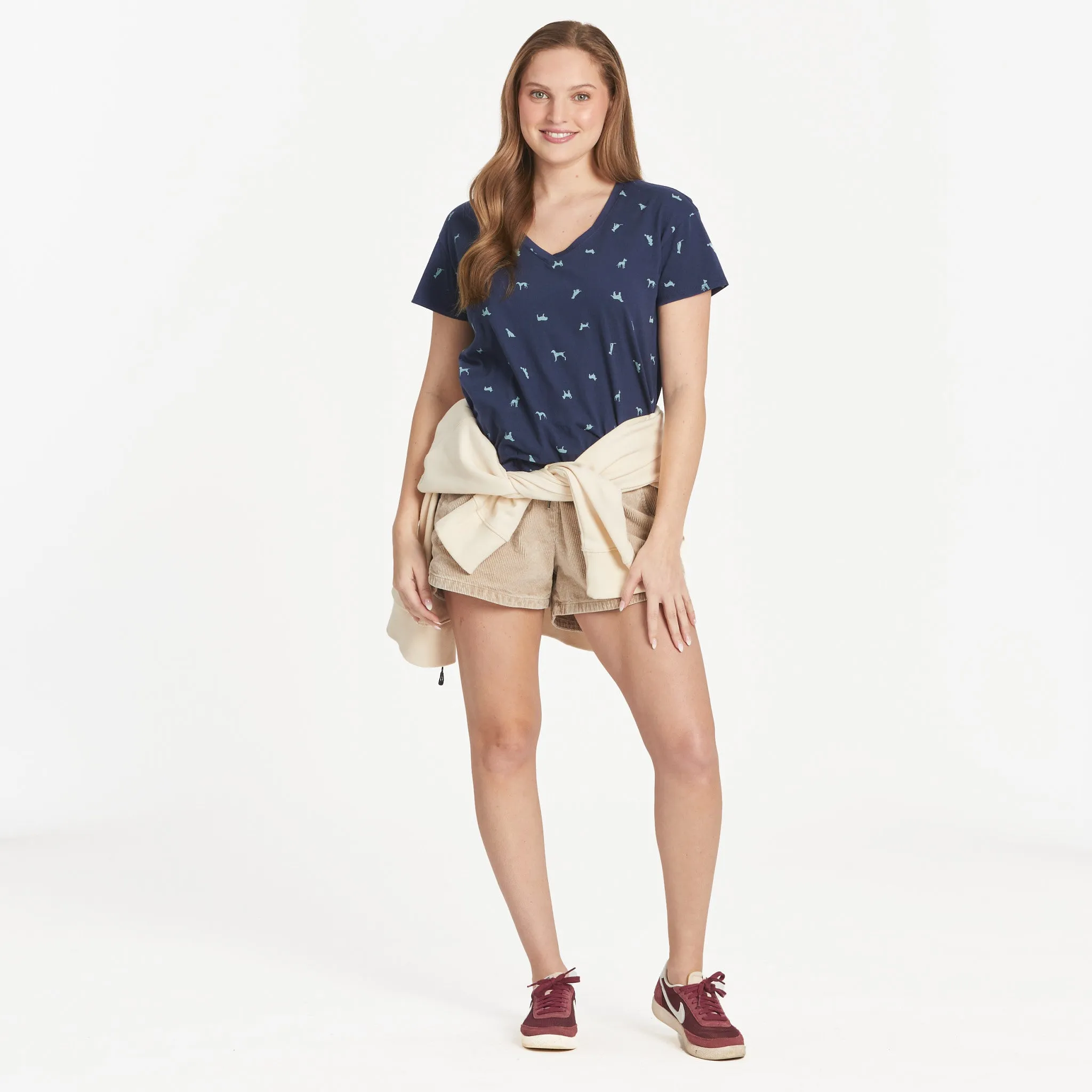 Women's Dog Ditsy Pattern Allover Print Short Sleeve Vee Life is Good