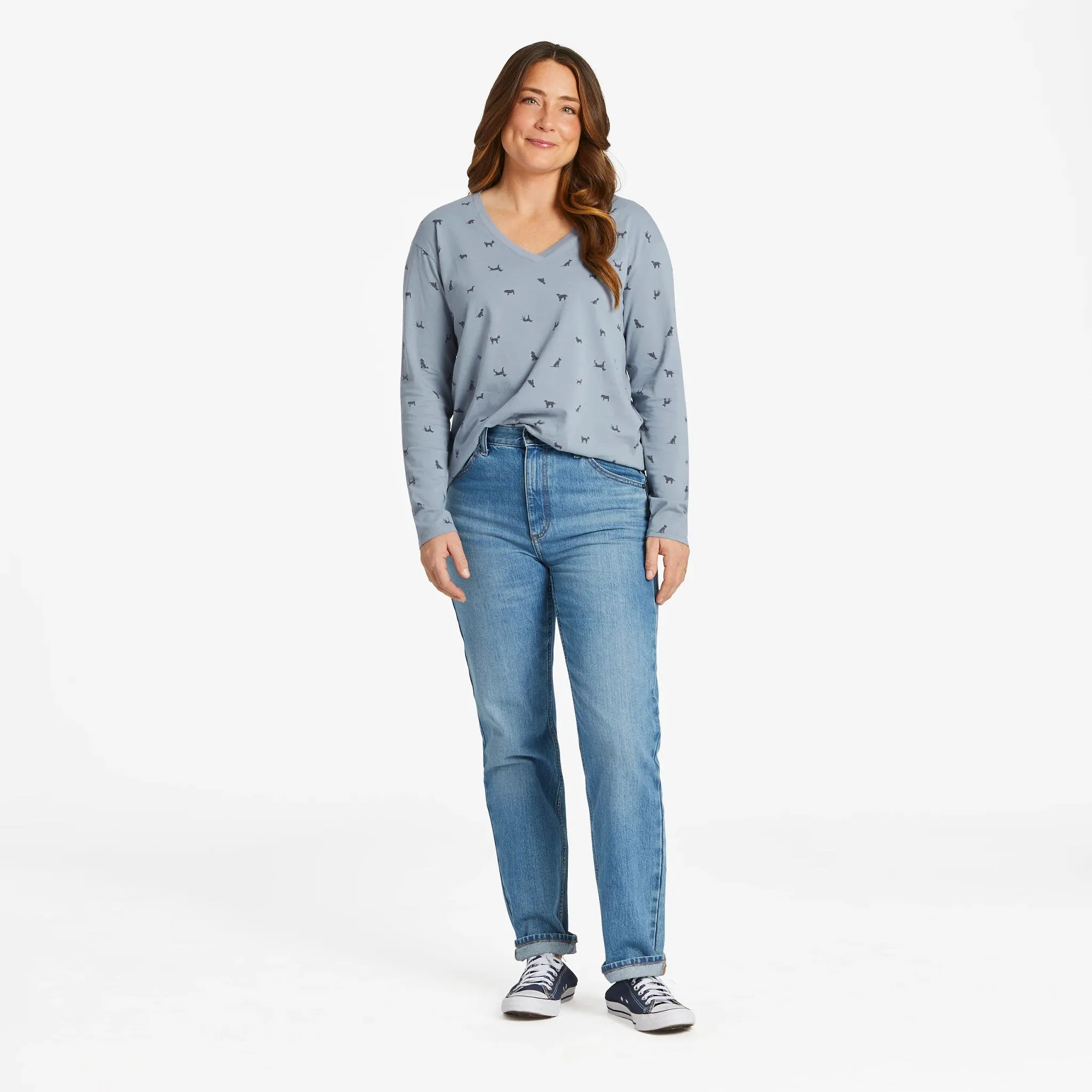 Women's Dog Ditsy Pattern Long-Sleeve Crusher-LITE Easy Vee Life is Good