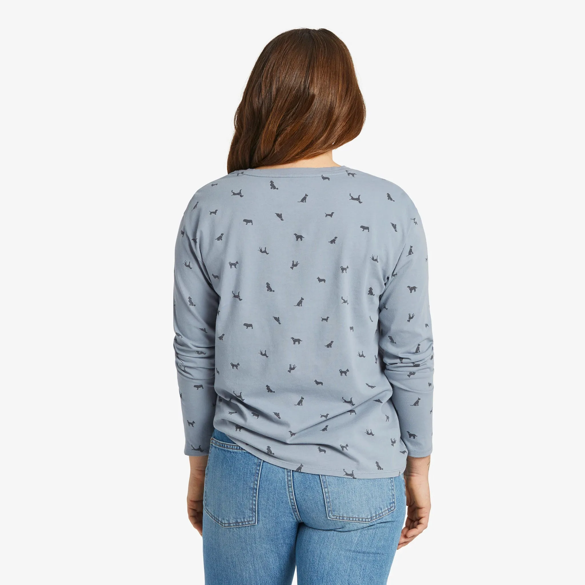 Women's Dog Ditsy Pattern Long-Sleeve Crusher-LITE Easy Vee Life is Good
