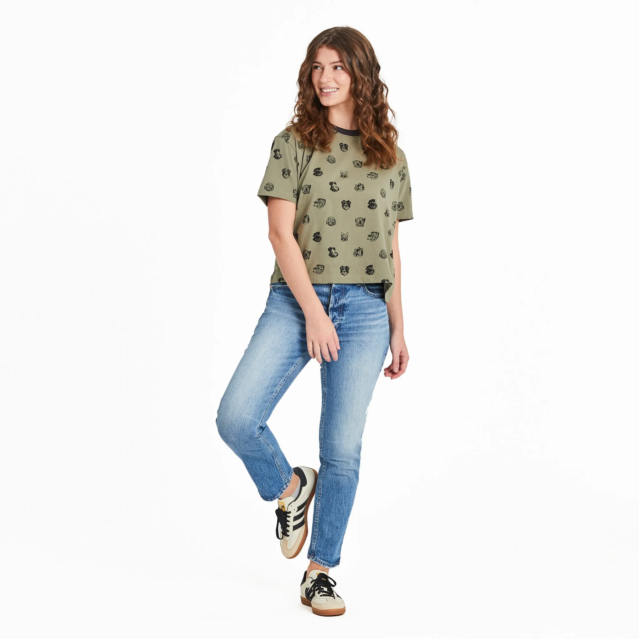 Women's Dog Portrait Pattern Short Sleeve Crusher Boxy Tee Life is Good