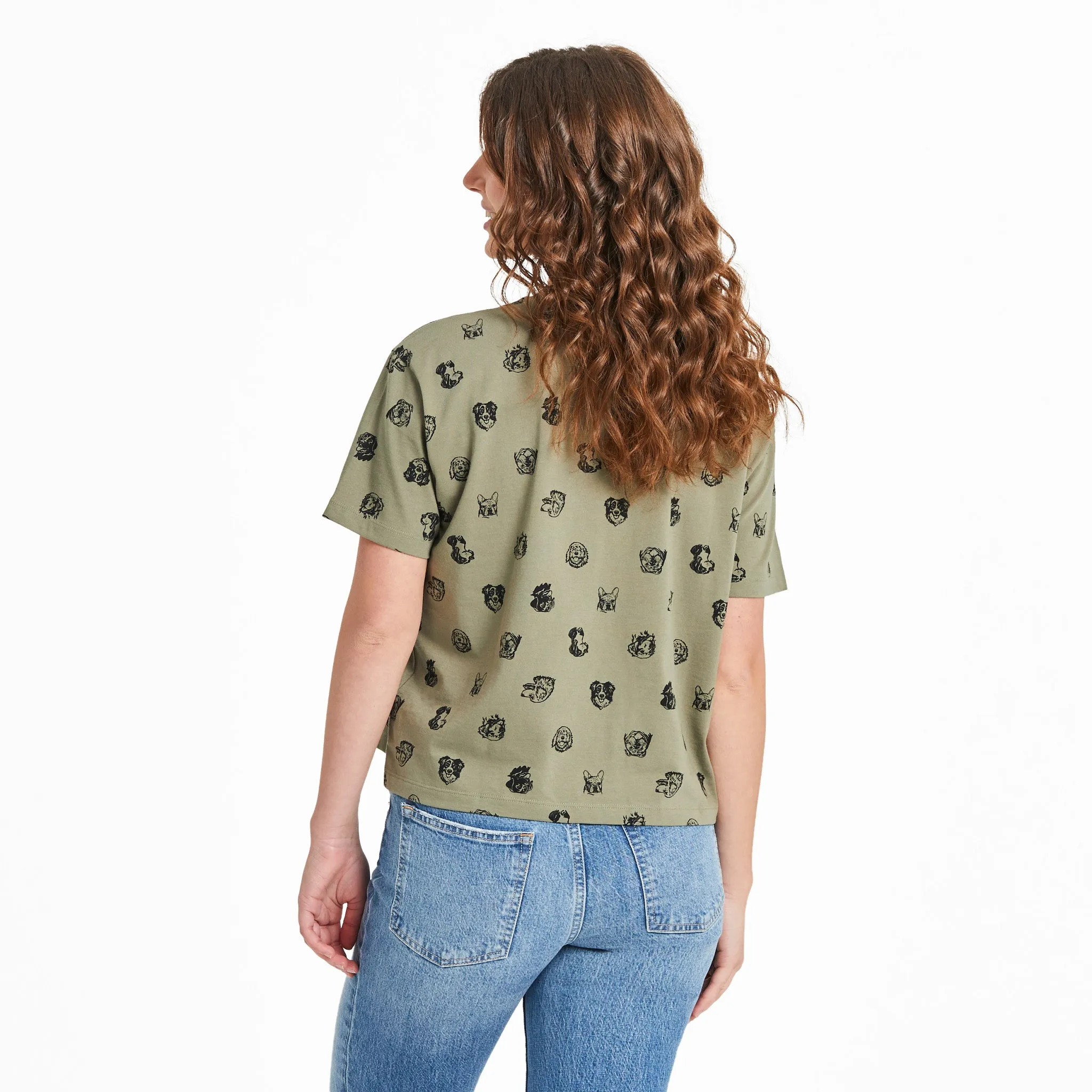 Women's Dog Portrait Pattern Short Sleeve Crusher Boxy Tee Life is Good