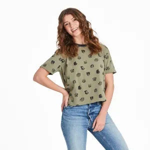 Women's Dog Portrait Pattern Short Sleeve Crusher Boxy Tee Life is Good