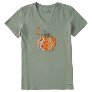 Women's Doodle Pumpkin Short Sleeve Crusher Vee Life is Good