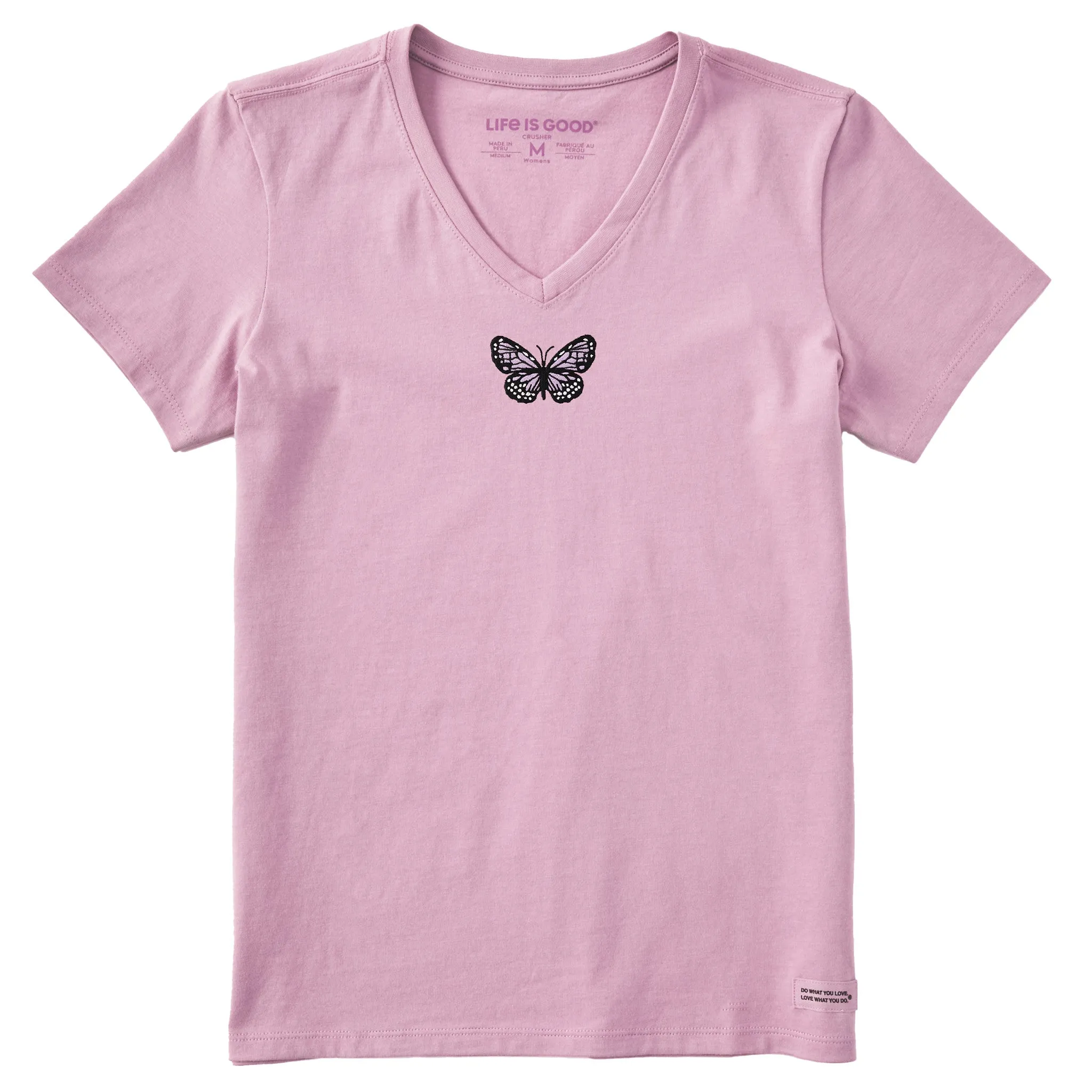Women's Embroidered Butterfly Short Sleeve Crusher Vee Life is Good