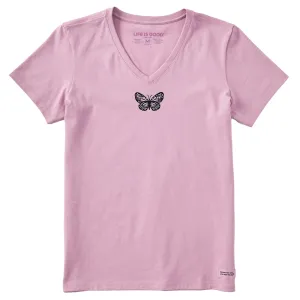 Women's Embroidered Butterfly Short Sleeve Crusher Vee Life is Good