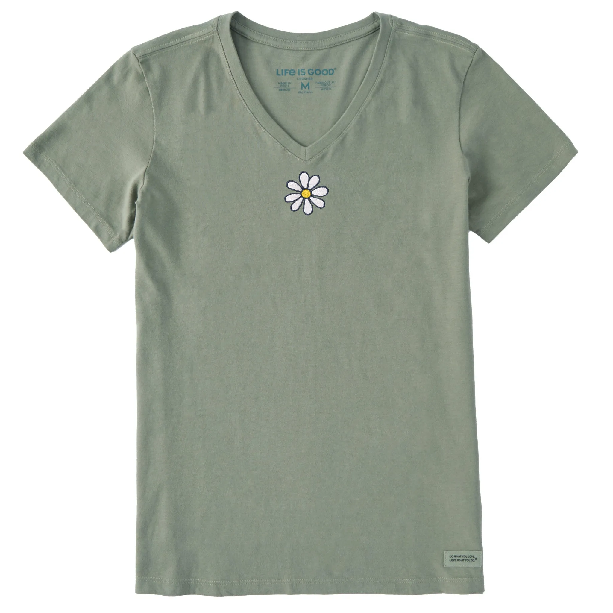 Women's Embroidered Daisy Short Sleeve Crusher Vee Life is Good