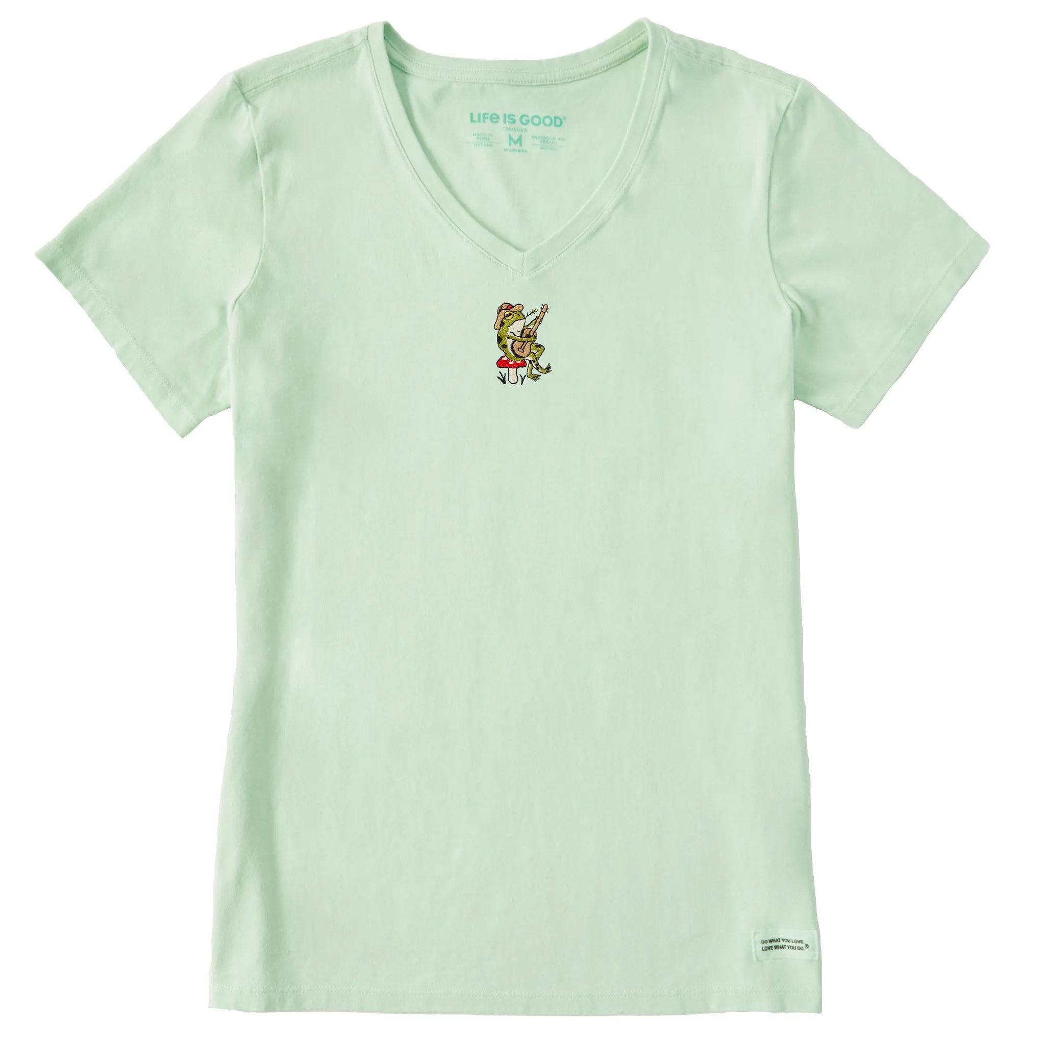 Women's Embroidered Guitar Frog Short Sleeve Crusher Vee Life is Good