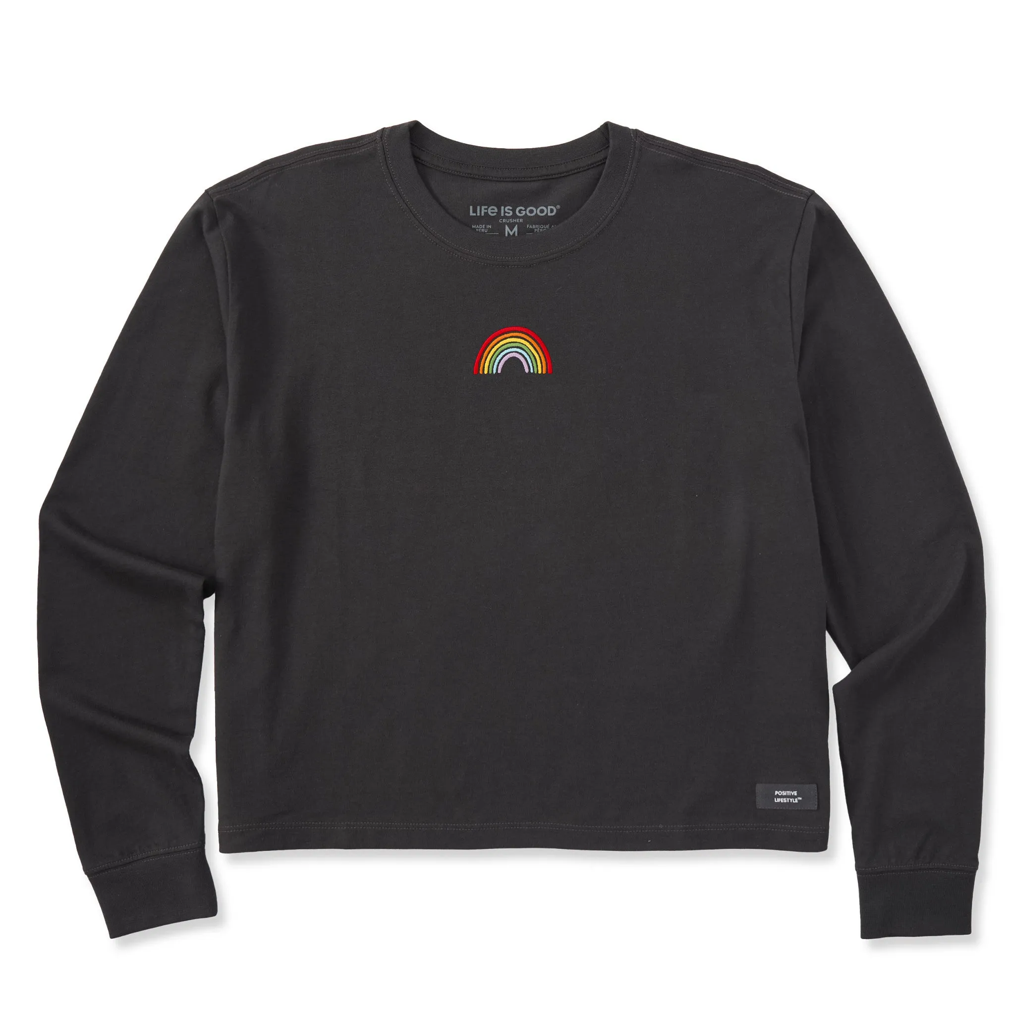 Women's Embroidered Rainbow Long Sleeve Crusher Boxy Tee Life is Good