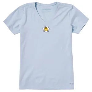 Women's Embroidered Smile Daisy Short Sleeve Crusher Vee Life is Good