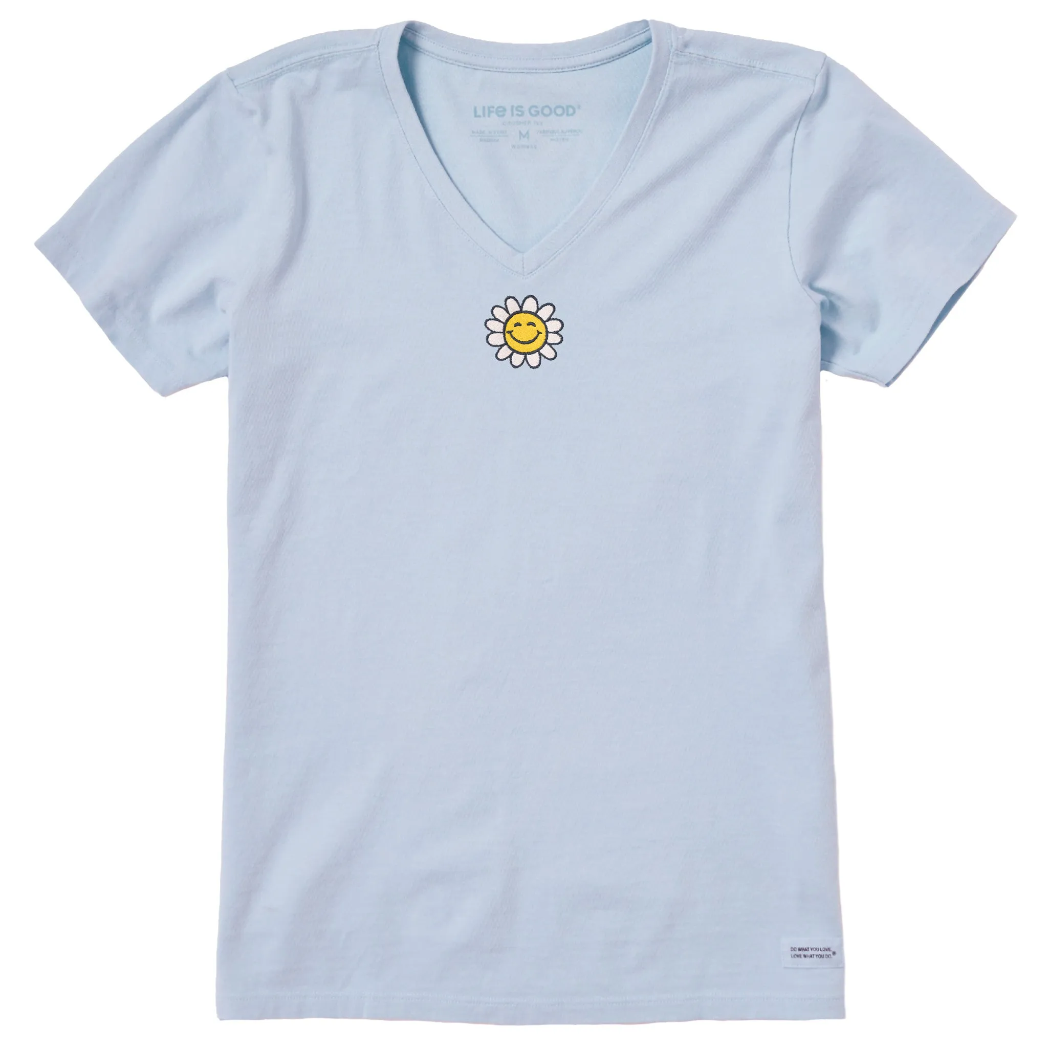 Women's Embroidered Smile Daisy Short Sleeve Crusher Vee Life is Good
