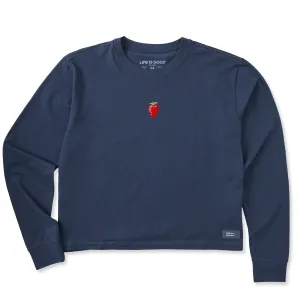 Women's Embroidered Strawberry Long Sleeve Crusher Boxy Tee Life is Good