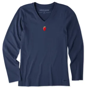 Women's Embroidered Strawberry Long Sleeve Crusher Vee Life is Good