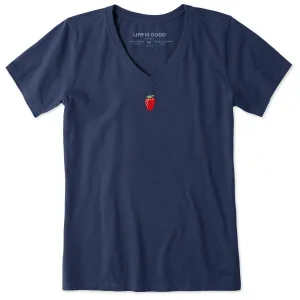 Women's Embroidered Strawberry Short Sleeve Crusher Vee Life is Good