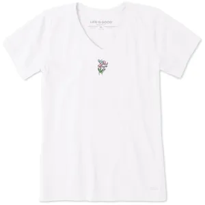 Women's Embroidered Wildflower Bouquet Short Sleeve Crusher Vee Life is Good