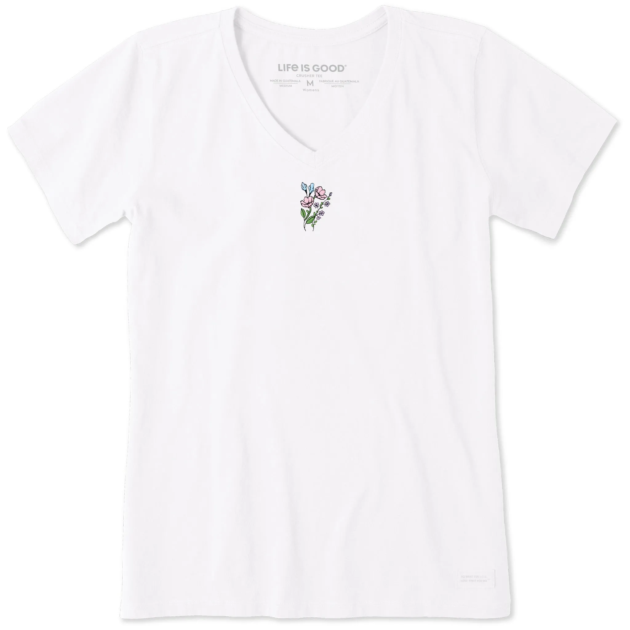 Women's Embroidered Wildflower Bouquet Short Sleeve Crusher Vee Life is Good