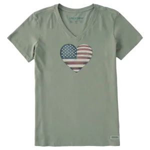 Women's Etching USA Heart Short Sleeve Crusher Vee Life is Good