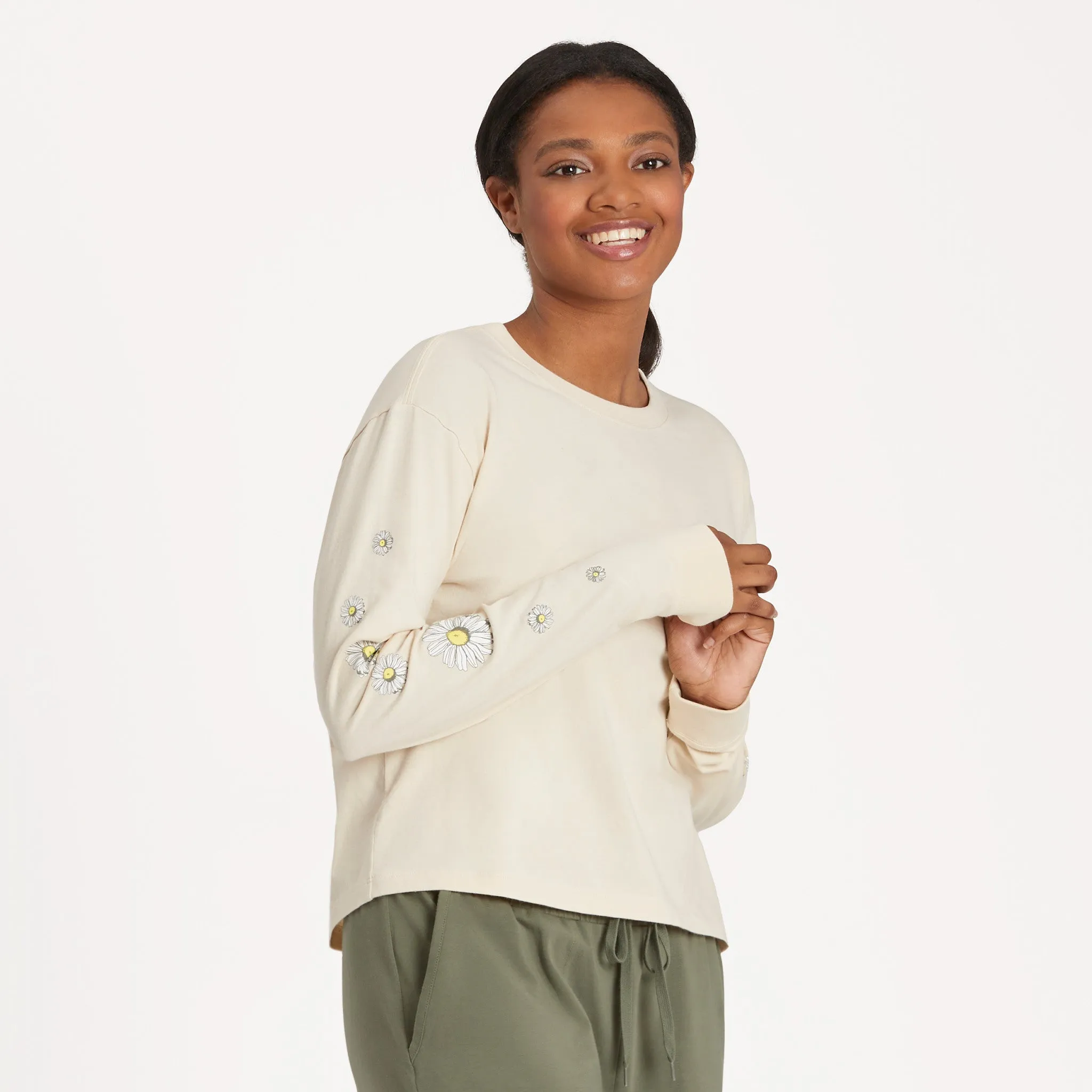 Women's Falling Daisies Long Sleeve Crusher Boxy Tee Life is Good