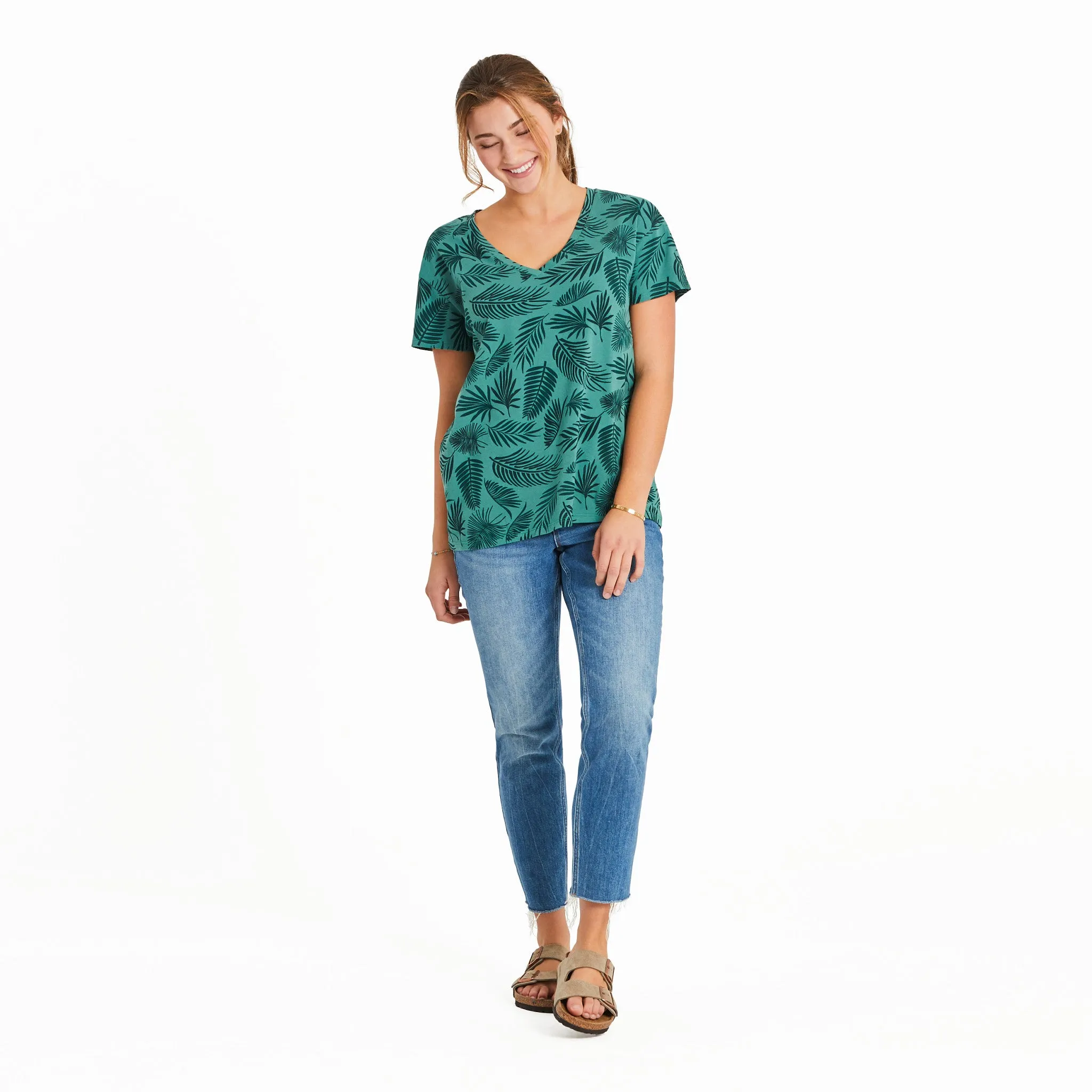Women's Falling Ferns Pattern Crusher-LITE Easy Vee Life is Good