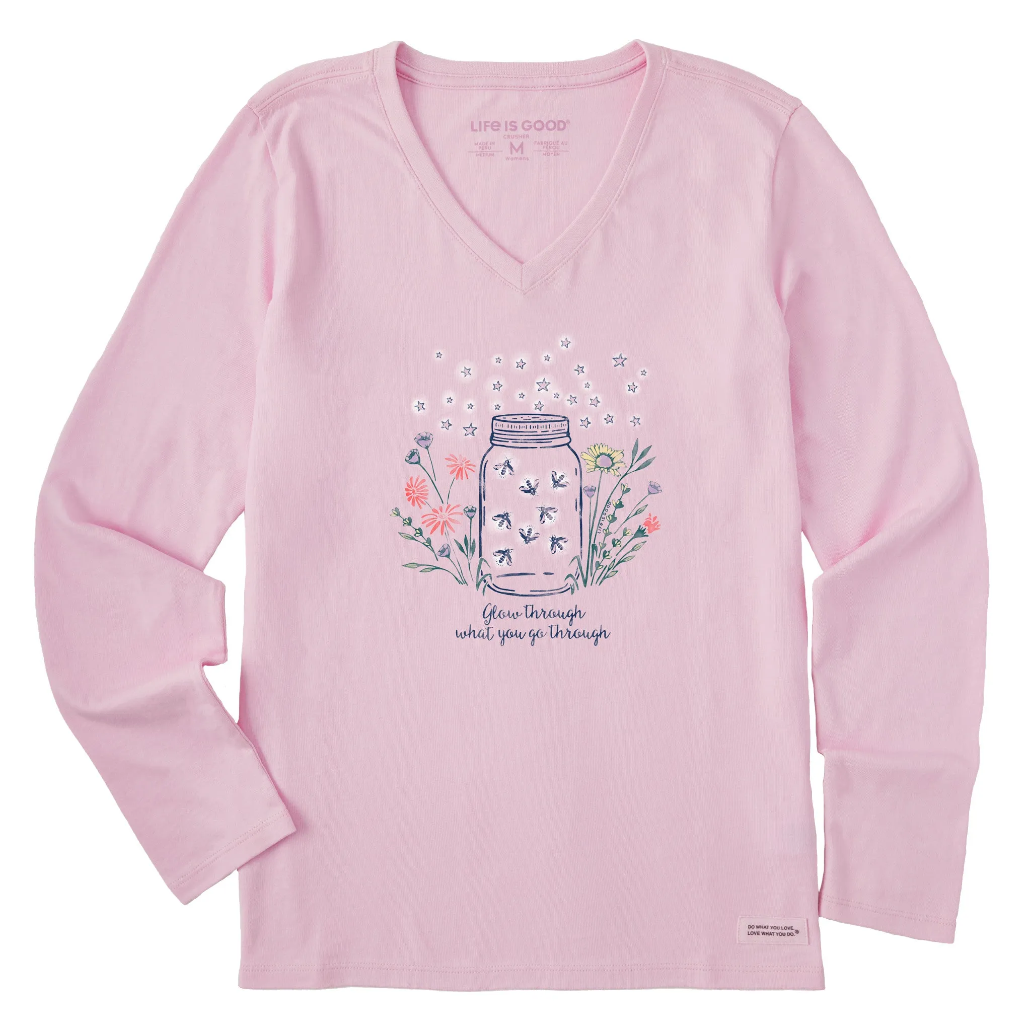 Women's Fireflies Flowers Jar Long Sleeve Crusher Vee Life is Good