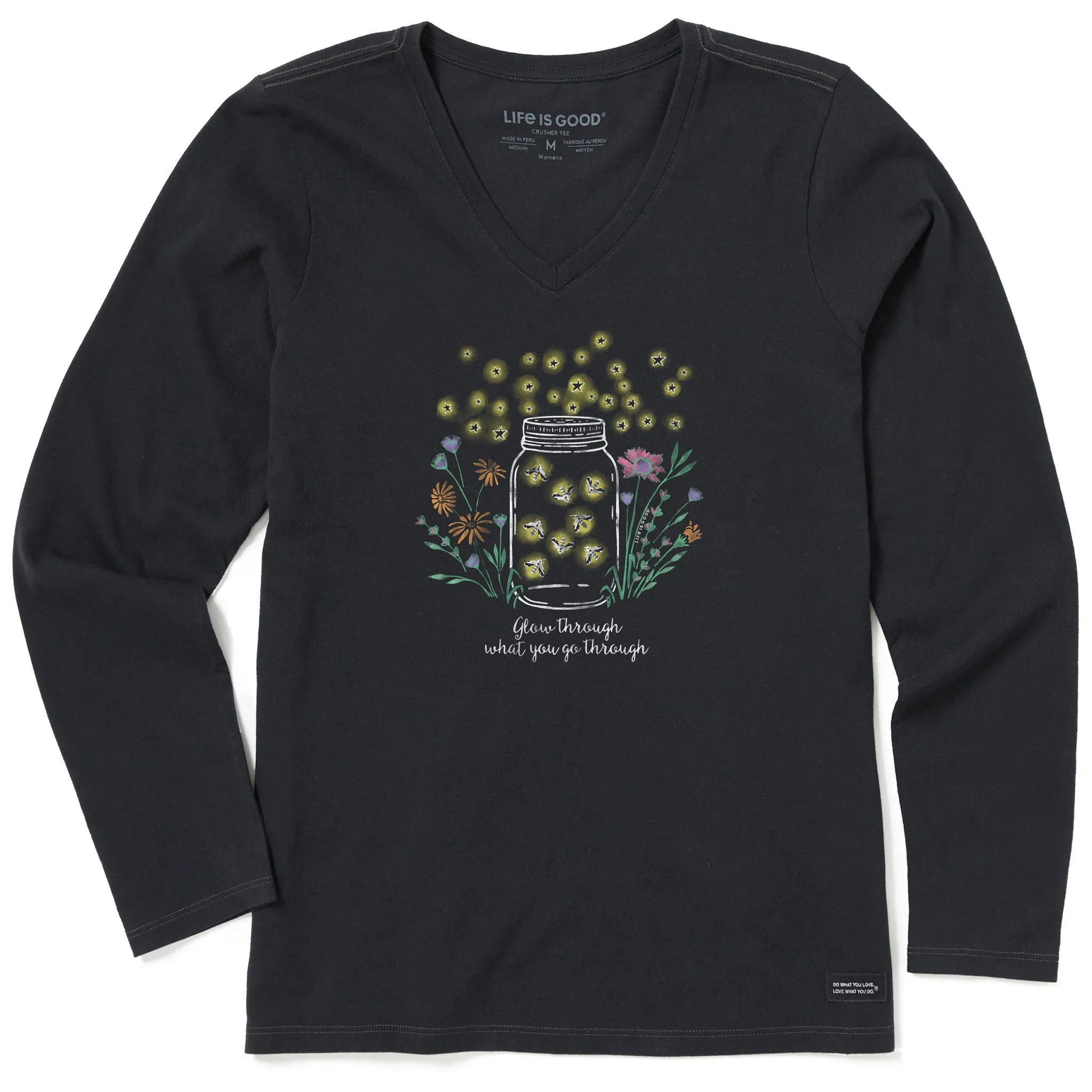 Women's Fireflies Flowers Jar Long Sleeve Crusher Vee Life is Good