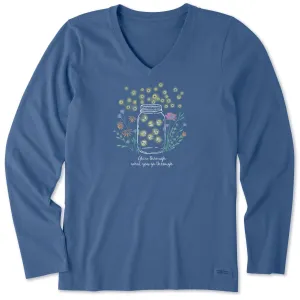 Women's Fireflies Flowers Jar Long Sleeve Crusher Vee Life is Good