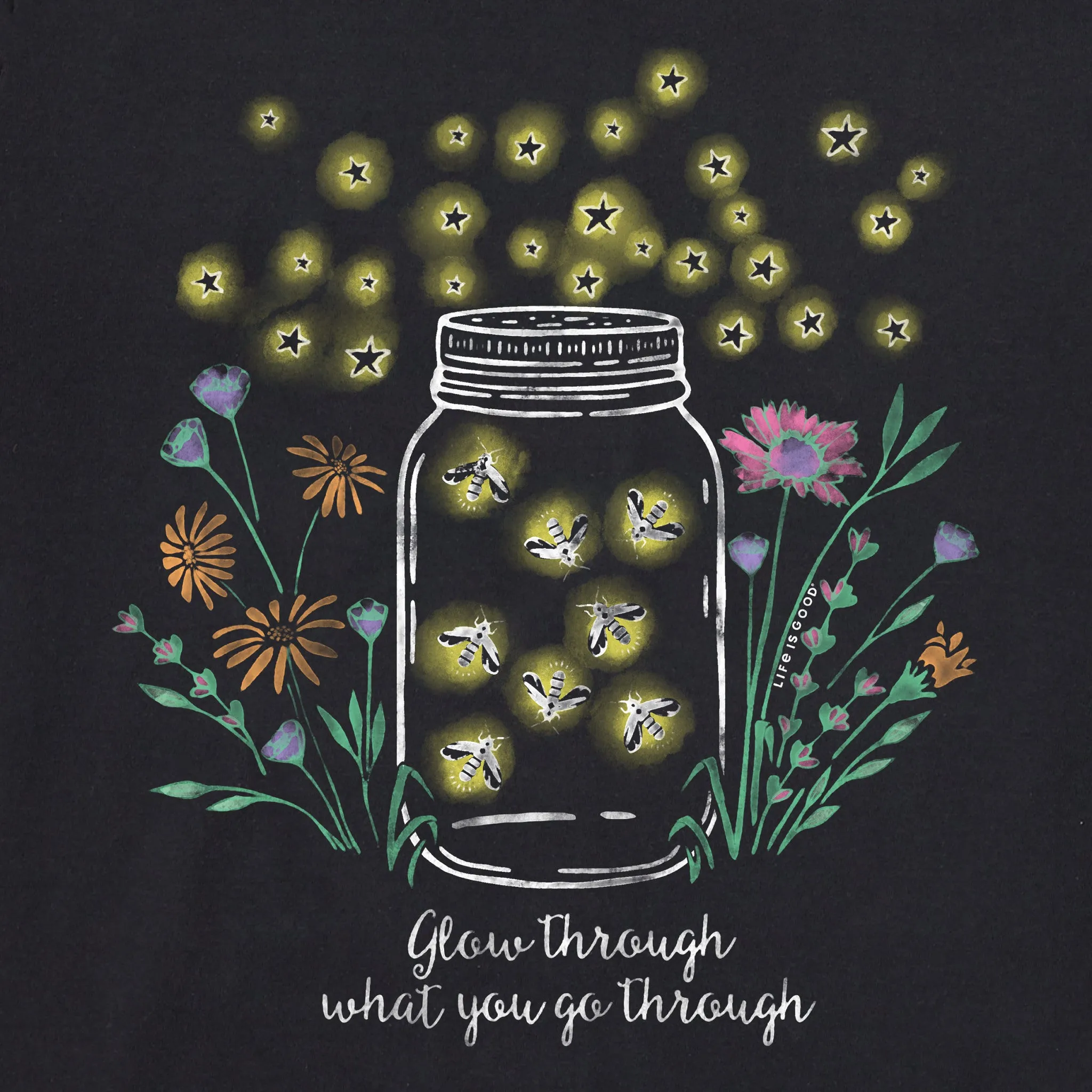 Women's Fireflies Flowers Jar Long Sleeve Crusher Vee Life is Good