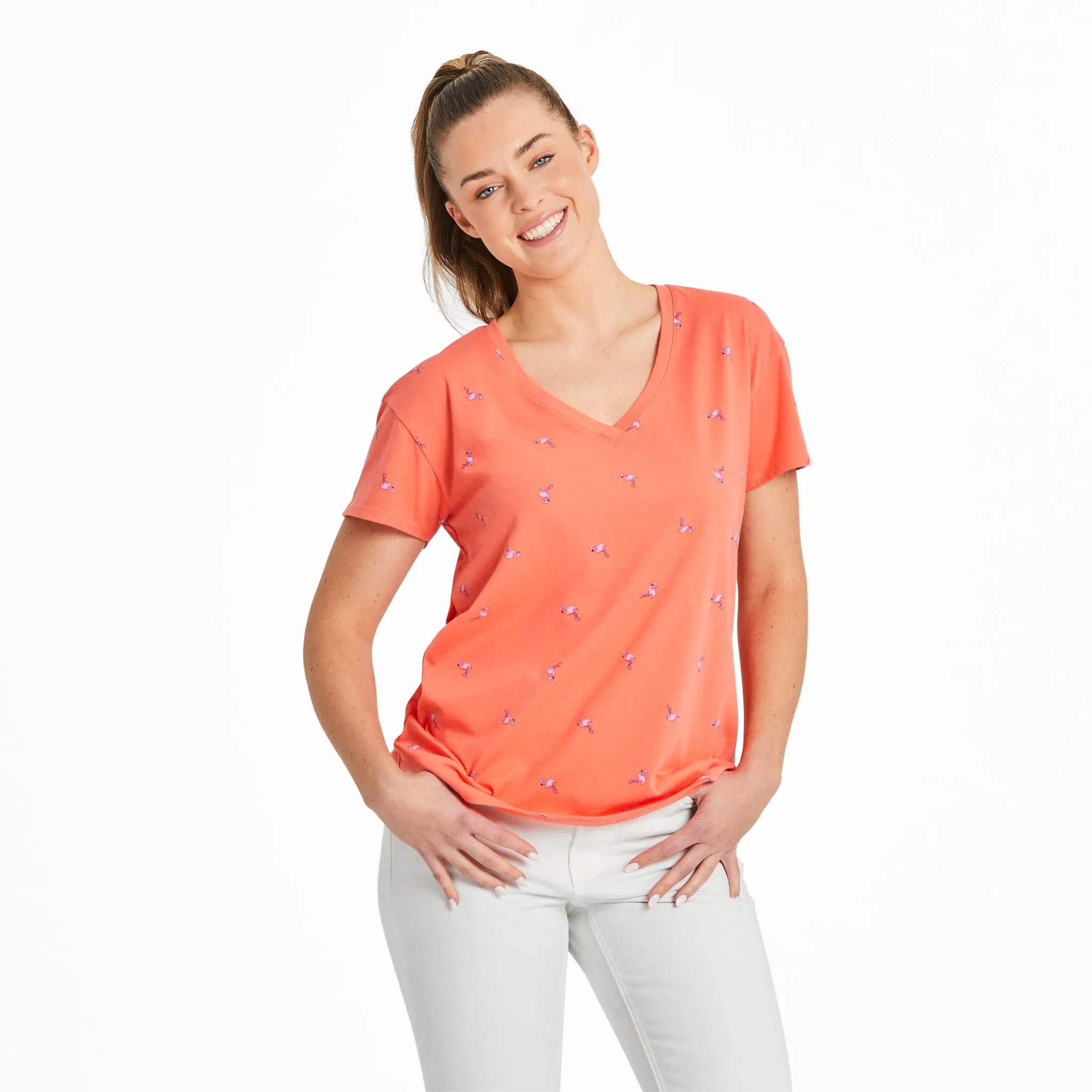 Women's Flamingo Pattern Crusher-LITE Easy Vee Life is Good
