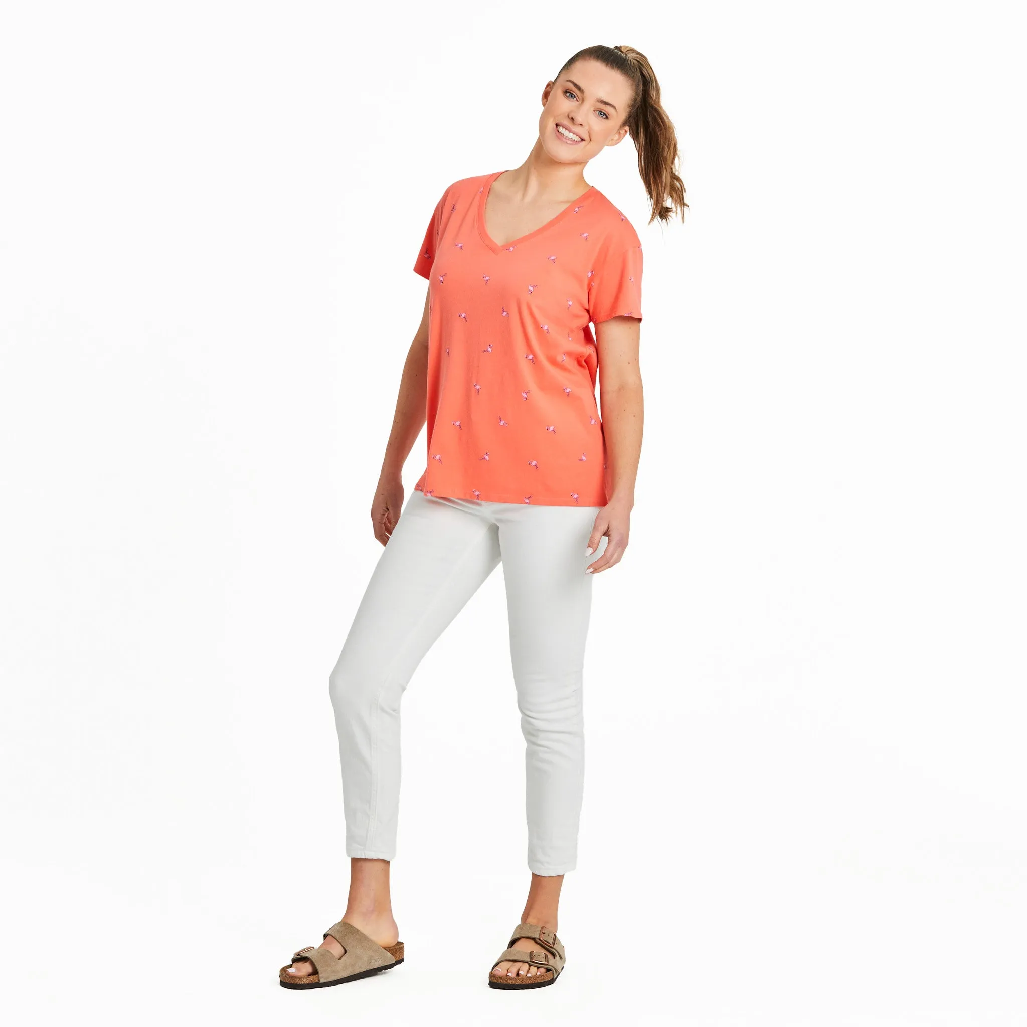 Women's Flamingo Pattern Crusher-LITE Easy Vee Life is Good