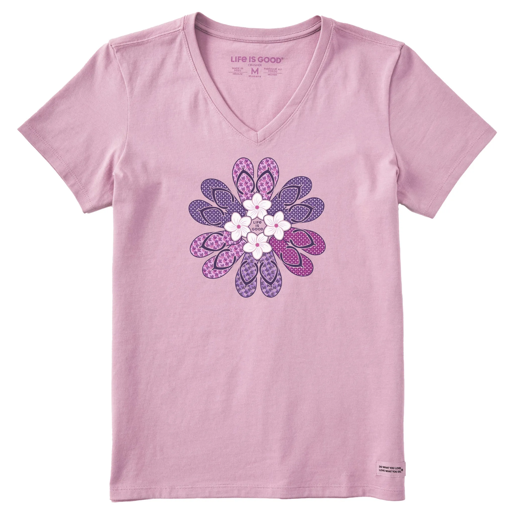 Women's Flip Flop Flower Short Sleeve Crusher Vee Life is Good