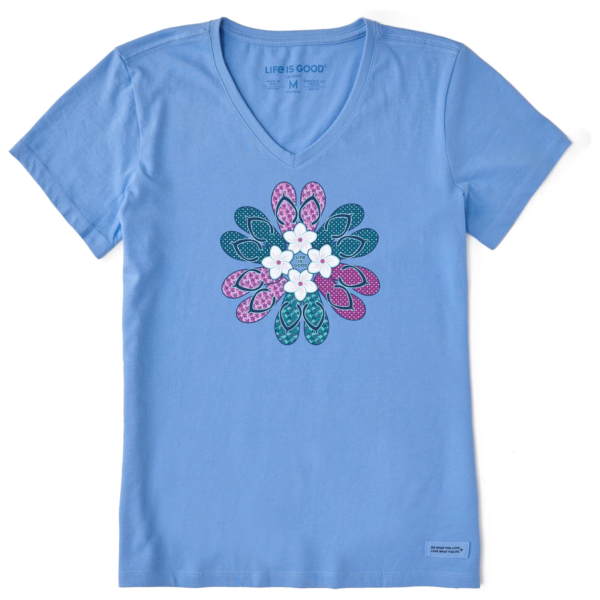 Women's Flip Flop Flower Short Sleeve Crusher Vee Life is Good