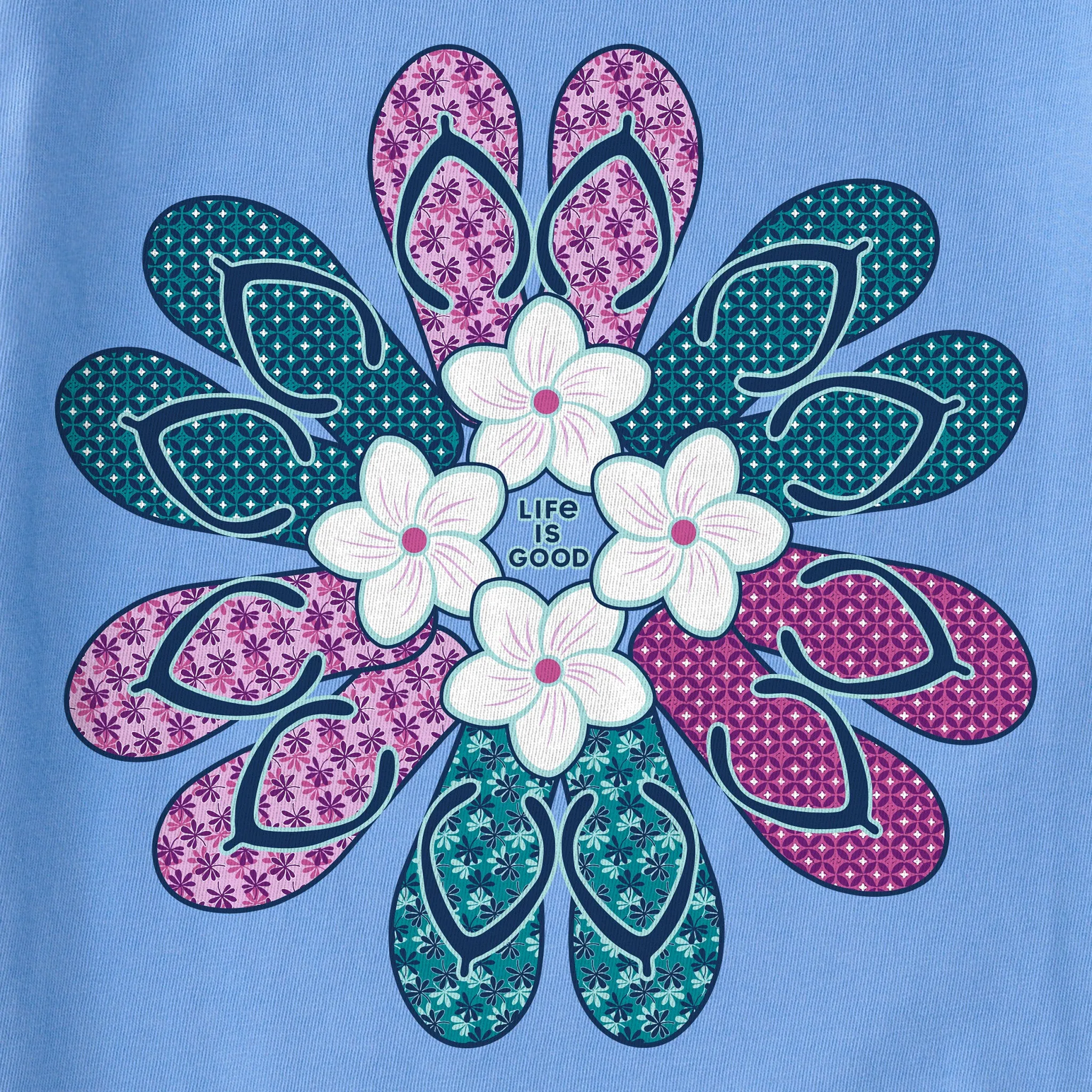 Women's Flip Flop Flower Short Sleeve Crusher Vee Life is Good