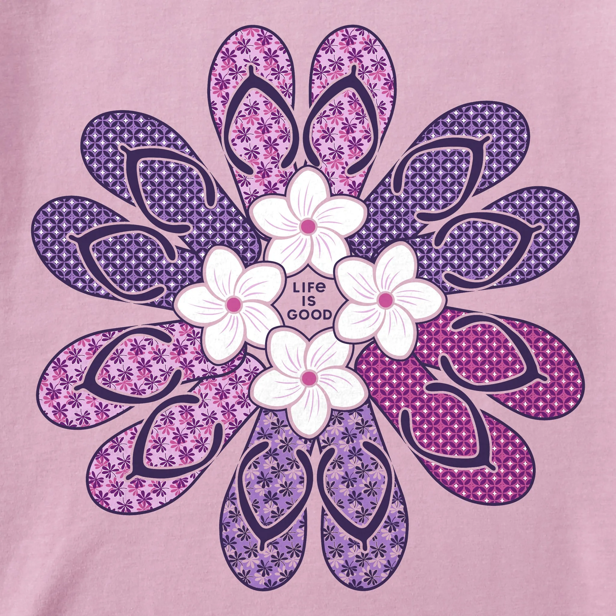 Women's Flip Flop Flower Short Sleeve Crusher Vee Life is Good