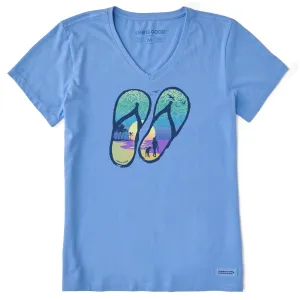 Women's Flip Flops Tropical Sunset Short Sleeve Crusher Vee Life is Good