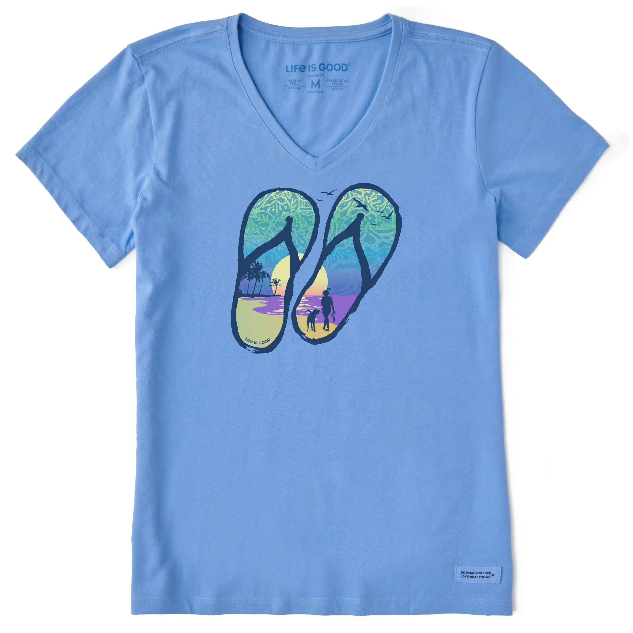 Women's Flip Flops Tropical Sunset Short Sleeve Crusher Vee Life is Good